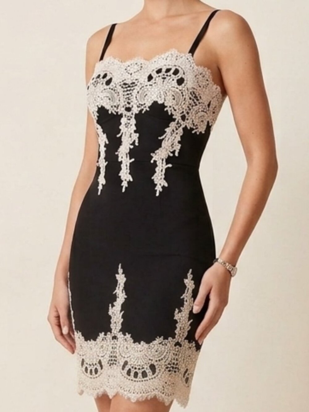 Haute Monde Black & Ivory Lace Appliqué Bodycon Mini Dress Size Small